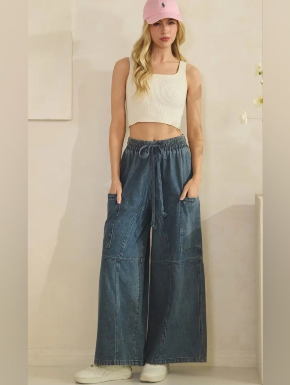Wide-Leg Drawstring Denim Pants in Washed Blue - Picture 5 of 6